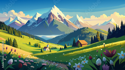 Panorama of beautiful Romanian countryside, sunny afternoon light dancing across fields, wonderful springtime landscape in distant mountains, grassy rolling hills alive with color, rural charm capturi