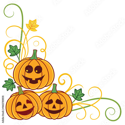 Cheerful cartoon pumpkins with vine swirls and a leaf create a festive corner decoration