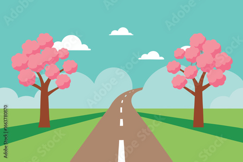 Scenic countryside road with blooming trees and fluffy clouds, a serene landscape evoking a sense of travel and tranquility in natures embrace