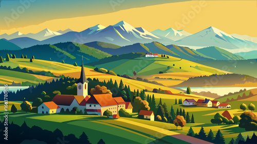 Panorama of beautiful Romanian countryside, sunny afternoon light dancing across fields, wonderful springtime landscape in distant mountains, grassy rolling hills alive with color, rural charm capturi