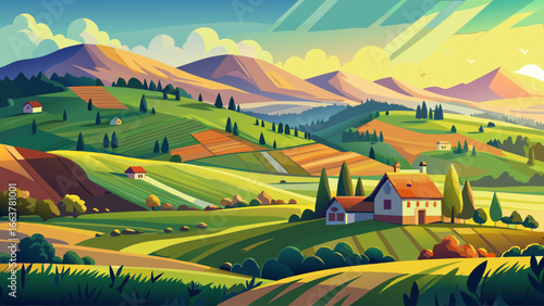 Panorama of beautiful Romanian countryside, sunny afternoon light dancing across fields, wonderful springtime landscape in distant mountains, grassy rolling hills alive with color, rural charm capturi