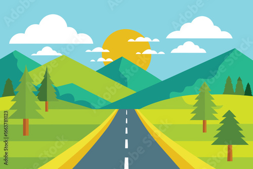 Scenic road illustration leading through mountains and green fields under a sunny sky with clouds, perfect for travel and adventure