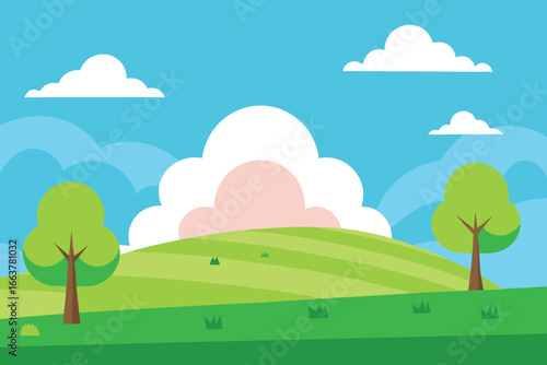 Serene landscape illustration featuring rolling green hills, fluffy clouds, and lush trees, perfect for conveying a sense of tranquility and natural beauty