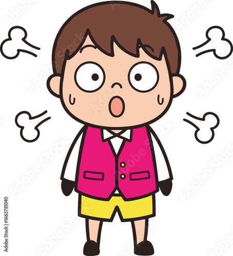 Cartoon Vector Illustration of Surprised Child with Puff Symbols, Pink Vest, Red Tie, Yellow Shorts, and Expressive Shocked Pose on White Background