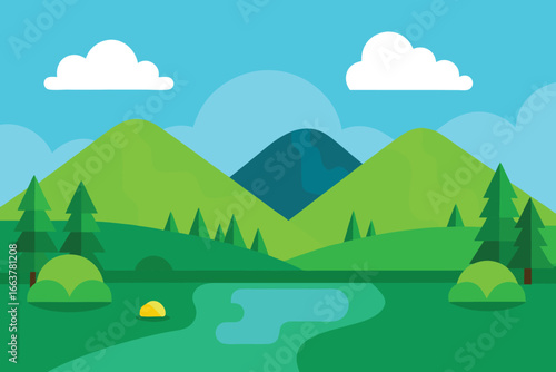 A picturesque mountain landscape illustration featuring a serene lake, lush green forests, and fluffy clouds under a bright blue sky on a peaceful day