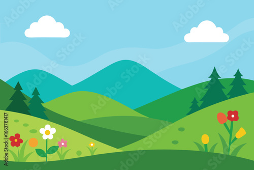 A vibrant landscape featuring rolling green hills, majestic mountains, and fluffy clouds, creating a serene and inviting natural scene with colorful flowers