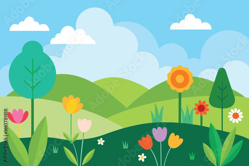 A picturesque landscape with rolling hills, lush greenery, and colorful flowers under a bright sky with fluffy clouds, creating a serene and inviting scene