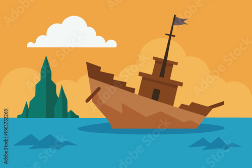 A cartoon ship sailing on the sea with mountains and clouds, perfect for travel and adventure illustrations, with a flat design
