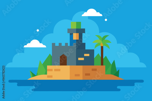 A quaint castle sits atop a sandy island, surrounded by a tranquil sea, under a clear blue sky with fluffy clouds and a swaying palm tree