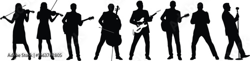 Silhouette of musicians with instruments, violin, guitar, cello, microphone, performing together in band, black figures, isolated on white background