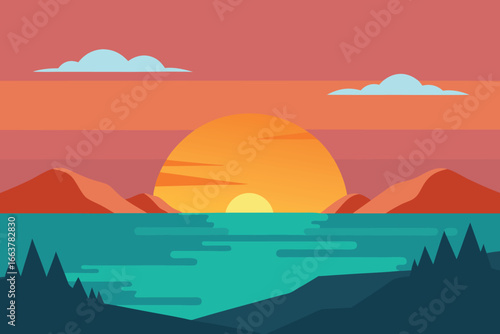 A breathtaking sunset over the sea, with mountains in the distance, creating a serene and picturesque landscape that evokes tranquility and wonder