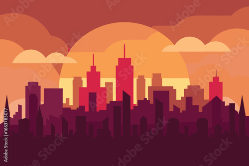 Vibrant city skyline at sunset with a warm gradient sky, silhouetted buildings creating a modern urban landscape with a touch of abstract art