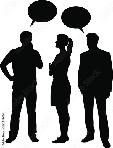 Silhouette of three business people talking with speech bubbles, teamwork communication, brainstorming discussion concept, isolated on white background
