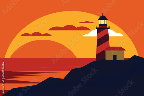 A striking lighthouse on a rocky cliff at sunset, overlooking the sea, symbolizing guidance and safety in a picturesque coastal landscape, perfect for travel