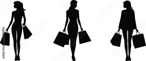 Silhouette of women shopping with bags, female shoppers walking, fashion silhouette illustration, black outline vector, stylish lady with purchase, retail shopping concept design