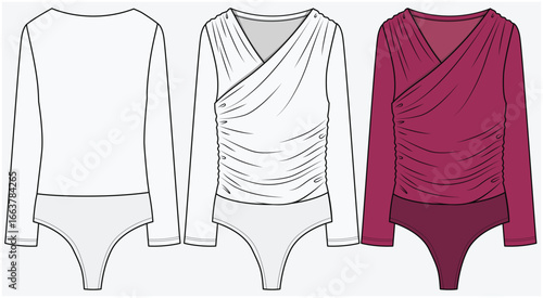 FASHION FULL SLEEVE TOPS, LEOTARD , BODY SUIT  WITH FRONTWRAP DETAIL, FRONT AND BACK SPEC, IDEAL FOR OFFICE WEAR DESIGNED FOR WOMEN AND YOUNG WOMEN IN VECTOR FILE