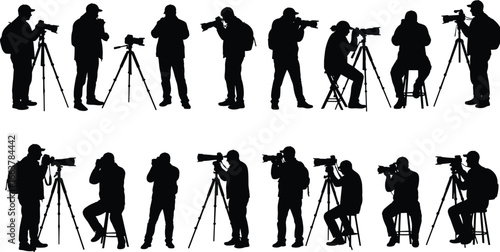 Silhouette photographers with cameras and tripods in various professional photography, creative layout, equipment setup