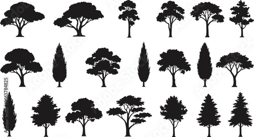 Silhouette tree set, black tree icons, vector forest elements, pine and deciduous trees, isolated shapes, natural landscape design, woodland clipart bundle.