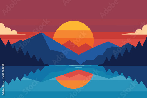 Mountain landscape with sunset reflection in lake, a serene and idyllic scene for nature lovers and outdoor adventure enthusiasts