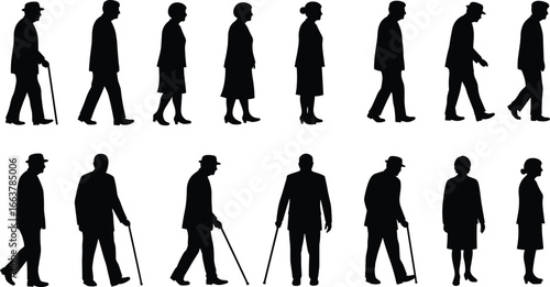 Silhouette vector illustration of elderly men and women walking with canes, senior people side view, old age mobility, flat design