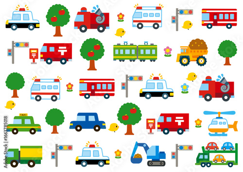 乗り物, 車, 電車, パトカー, パターン, バス, 警察, 郵便, 新幹線, 消防車, 郵便車, トラック, ショベルカー, ヘリコプター, ダンプカー, 旅行, 駅, 交通, 働く車, 鉄道, 運転, 可愛い, かわいい, おもちゃ, セット, 列車, 移動, 旅, 観光, レジャー, お出かけ, トラベル, 出発, キャリアカー, 観光バス, 消火, 木, ヒヨコ, 信号, ポスト, 花,