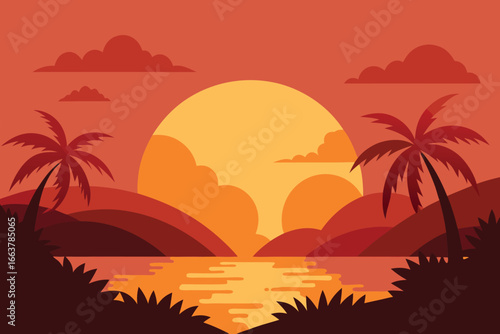 A tropical sunset landscape with palm trees and a serene sea, perfect for travel and vacation, creating a tranquil and idyllic paradise