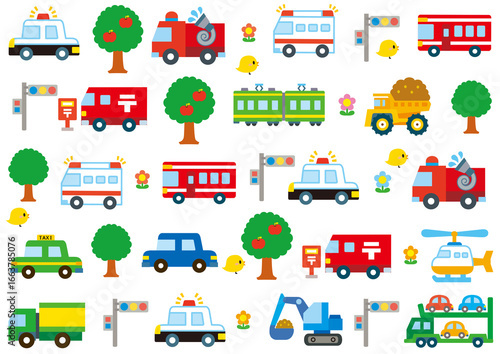 乗り物, 車, 電車, パトカー, パターン, バス, 警察, 郵便, 新幹線, 消防車, 郵便車, トラック, ショベルカー, ヘリコプター, ダンプカー, 旅行, 駅, 交通, 働く車, 鉄道, 運転, 可愛い, かわいい, おもちゃ, セット, 列車, 移動, 旅, 観光, レジャー, お出かけ, トラベル, 出発, キャリアカー, 観光バス, 消火, 木, ヒヨコ, 信号, ポスト, 花,