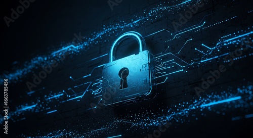 Cybersecurity concept with a digital padlock and flowing data streams, dark theme with blue neon accents, technology-focused composition