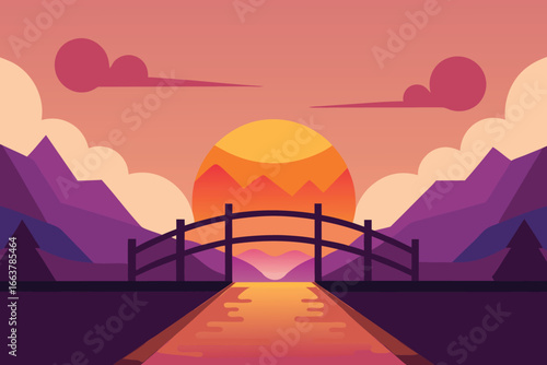 A scenic view of a bridge over a river at sunset, with mountains in the background, creating a tranquil and idyllic landscape scene