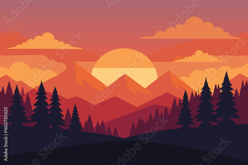 A breathtaking sunset over the mountains and forest, creating a tranquil and idyllic landscape scene, perfect for travel and adventure