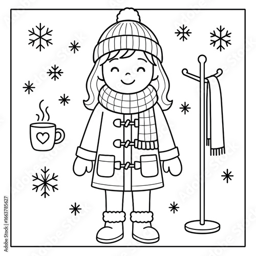 A cheerful young girl, dressed warmly in a winter coat, scarf, hat, and boots, is depicted in a coloring book style.