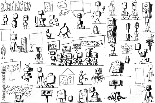 hand drawn architectural sketches of artificial intelligence topics and robots and  arrows and business graphs