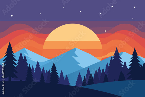Beautiful mountain landscape at sunset with pine trees and colorful sky with stars in the evening, a scenic view of nature and outdoor travel