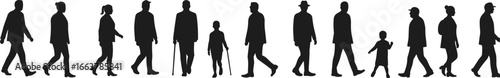 Silhouettes of diverse people walking in various postures and ages, isolated figures, movement, lifestyle concept