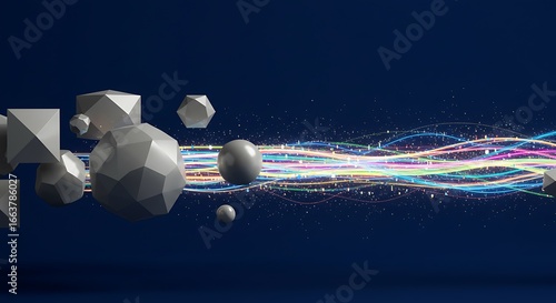 Abstract representation of artificial intelligence with floating geometric shapes and glowing data streams, minimalistic and conceptual style