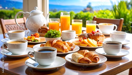 Wallpaper Mural A delightful outdoor breakfast spread, featuring croissants, pastries, fresh fruit, coffee, and orange juice, set against a scenic view. Torontodigital.ca