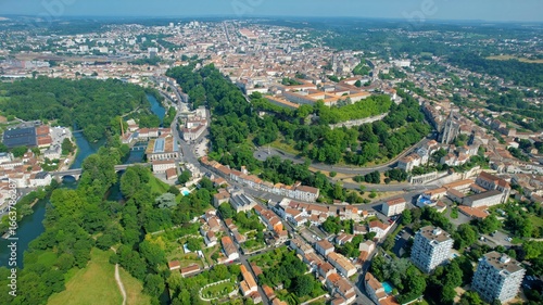 Aerial panorama view around the old town and around the city Angoulême in France, on a sunny summer noon