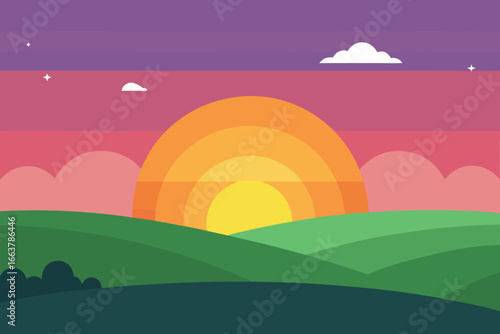 A serene sunset landscape with rolling hills and colorful sky, evoking a sense of peace and tranquility in the countryside