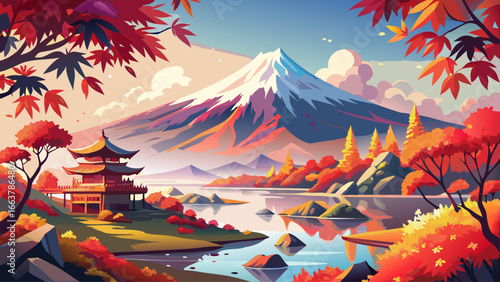 Colorful autumn season near Mount Fuji, morning fog drifting softly across waters, red leaves glowing in sunlight, Lake Kawaguchiko reflecting vibrant hues, one of Japan’s most breathtaking landscapes
