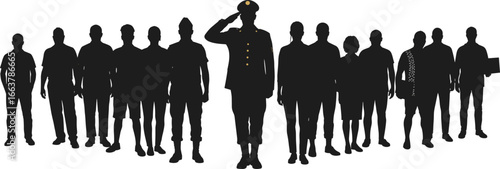 Silhouettes of diverse people standing together with military officer saluting, unity, leadership, teamwork, community
