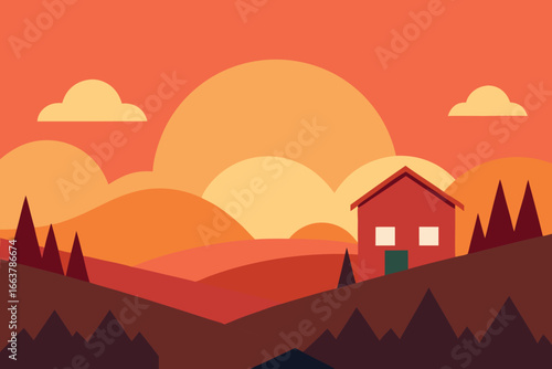 A cozy house nestled in a serene landscape at sunset, with rolling hills and warm colors creating a peaceful and inviting atmosphere