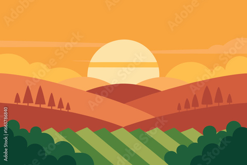 Scenic countryside landscape with rolling hills, trees, and a vibrant sunset, creating a peaceful and idyllic rural scene with a warm color palette