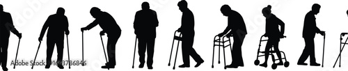 Silhouettes of elderly people walking with cane and walker, mobility support, senior care concept, isolated on white background, vector