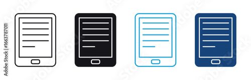 E-book  Icon Set. Electronic Book Device for Education and Learning. E-Book Reader, E-reader Black Sign Collection. PC Tablet. Isolated Vector Illustration .
