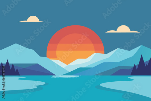 A minimalist flat vector illustration of a sunset over a mountain lake, creating a serene and peaceful landscape scene with reflections