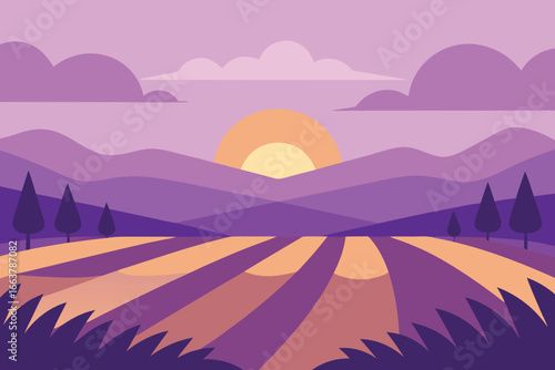 A minimalist flat vector illustration of a sunset over a field with mountains, creating a serene and peaceful landscape scene in purple tones