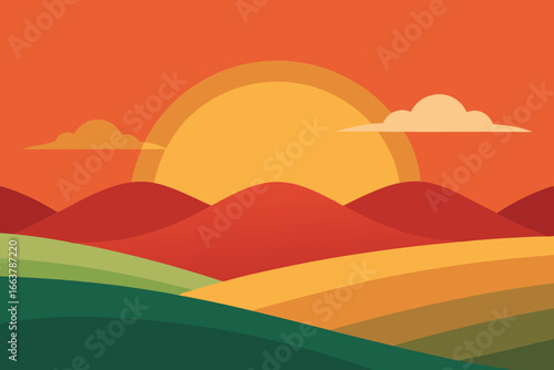 Rolling hills and fields at sunset, a serene countryside landscape with vibrant colors, perfect for travel and rural tourism experiences