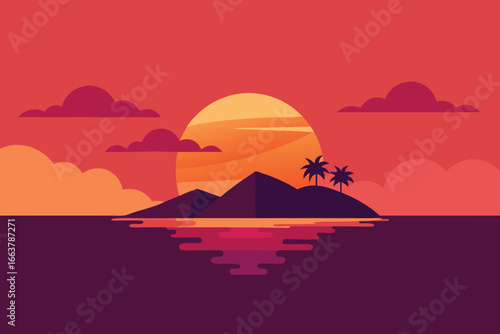 A serene tropical island sunset with palm trees, mountains, and colorful reflections in the calm sea, creating a peaceful and warm atmosphere