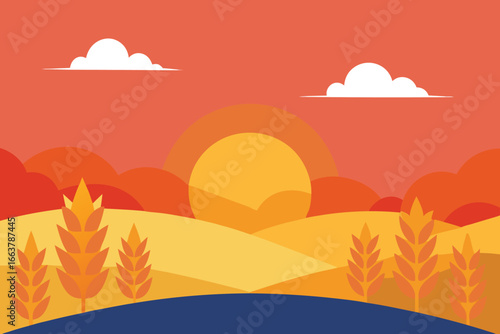 Golden wheat field at sunset with a beautiful landscape and tranquil sky, perfect for a rural countryside scene with a warm and inviting atmosphere