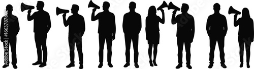 Silhouettes of people holding megaphones promoting teamwork, leadership, communication, cad drawing flat vector illustration, marketing, unity, public speaking